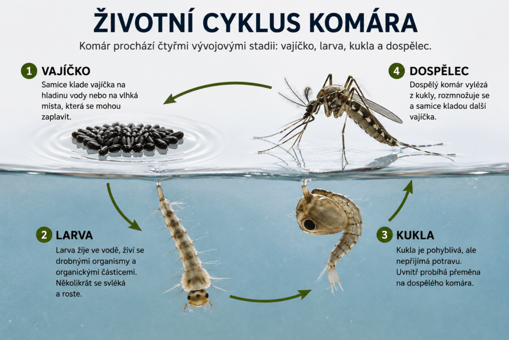 zivotny cyklus komara, jak se rodi komari, komár životní cyklus, komari samicky, jak zlikvidovat komáry ve vodě